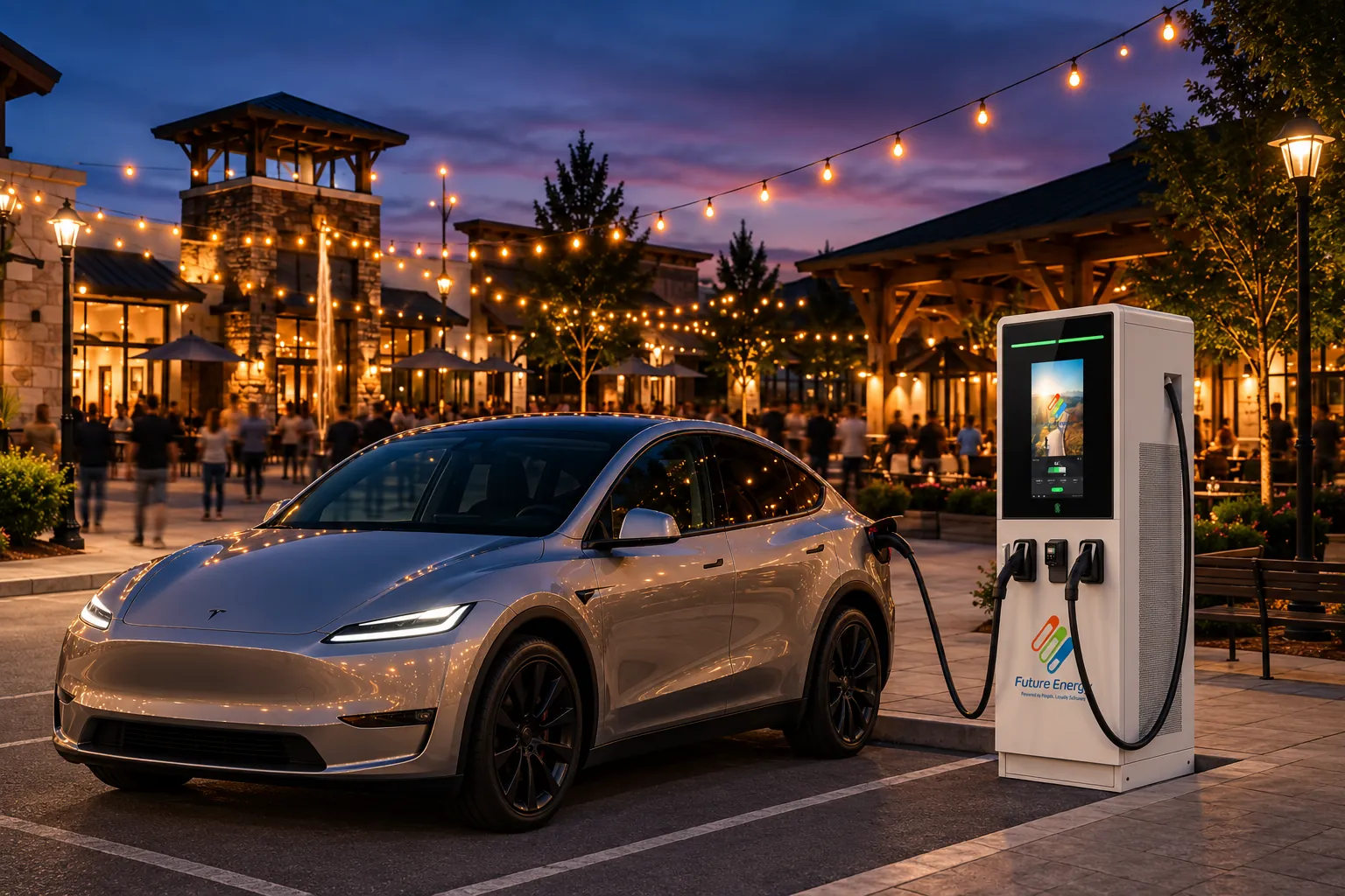 A silver electric SUV charging at a Future Energy DC fast charger in a dusk entertainment plaza, with string lights overhead and a crowd of guests behind